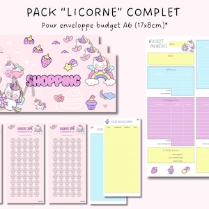 Peut inclure: Un pack de planificateur de budget imprimable sur le thème de la licorne. Le pack comprend une feuille de budget mensuel, une liste de courses et une feuille "Inventaire maman". Les feuilles sont décorées de licornes roses, bleues et blanches, de cœurs et d'étoiles.