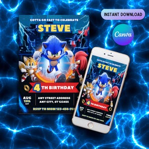 Faire-part d'anniversaire Sonic, Super Hérisson, Eviter la fête Sonic pour enfants, modèle Sonic Canva modifiable, Invitation d'anniversaire pour fête d'enfants