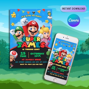 Mario Bros Geburtstagseinladung, Super Mario Kindergeburtstag Evite, Super Brothers Jungen einladen, Einladung zu Videospielen, bearbeitbare Vorlage Canva