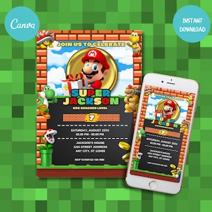 Faire-part d'anniversaire de Mario, carte à thème de fête d'anniversaire de Mario pour garçons, invitation enfant, modèle modifiable, toile modifiable, invitation numérique à une fête d'anniversaire