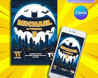 Bat Superhero Birthday Invitation: Editable Canva Template (Digital)