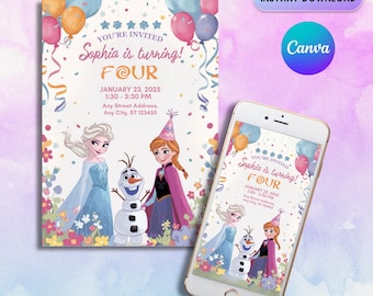 Frozen Birthday Invitation: Anna, Elsa, Olaf, Canva Template (Digital Download)