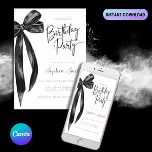 Black Bow Birthday Invitation: Elegant Coquette Party Evite (Canva Template, Instant Download)