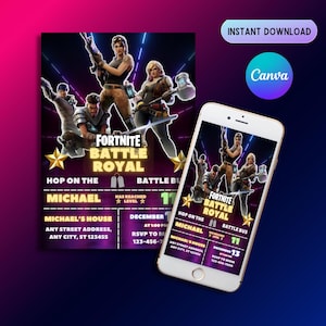 Invitation d'anniversaire royale Battle, Fort Gaming Party, Evite numérique, Invitation d'anniversaire pour enfants, modèle de toile éditable, téléchargement numérique