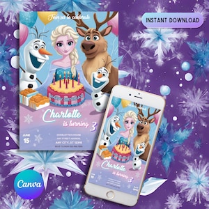 Frozen Birthday Invitation: Elsa and Anna Evite, Editable Canva (Digital Download)