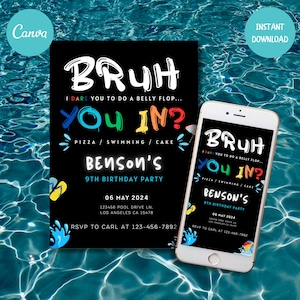 Convite de aniversário para irmão, modelo digital para qualquer idade, convite editável para festa, download instantâneo, cartão de aniversário para impressão, grafite neon