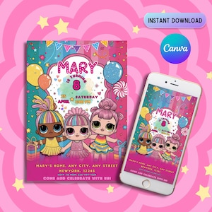Invito di compleanno per bambola, invito di compleanno per bambola rosa, invito per festa di compleanno per bambola rosa, invito di compleanno per bambini, Canva