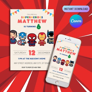Superhero Birthday Invitation: Spidey and Friends, Canva Template (Digital Download)