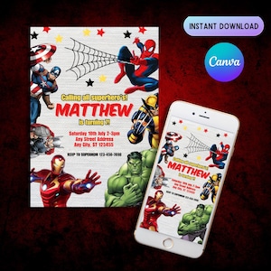 Avengers verjaardagsuitnodiging, superhelden kinderfeest, Spider-Man Evite, Iron Man verjaardagsuitnodiging, Avengers Party, bewerkbare canva-sjabloon