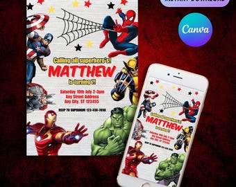 Avengers Birthday Invitation: Superhero Kids Party (Editable Canva Template)