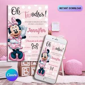 Minnie mouse Birthday Invitation, Kids Minnie Mouse Invitation, Canva Template, Printable, Minnie mouse invitation, Digital File, Download