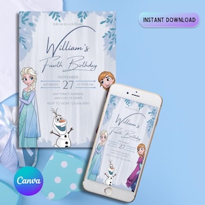 Invito di compleanno Frozen, invito digitale per bambini, invito digitale della principessa Elsa, invito per la festa di Anna, modificabile in Canva, download immediato