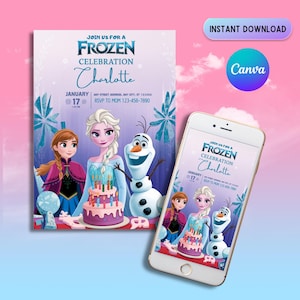 Invito di compleanno Frozen, invito della principessa Elsa e Anna, invito per festa per bambine, invito digitale di Olaf Frozen, modello Canva facile da modificare