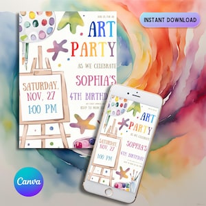 Art Birthday Party Invitation, Kids Party Evite, Art in Birthday Party Invite, Editable in Canva Template, Painting Artist Party Invitation