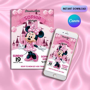 Invito di compleanno di Innie Mouse, invito di compleanno di Minnie rosa, invito di compleanno digitale, invito di compleanno per bambine, modello Canva di Minnie Mouse