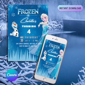 Frozen Birthday Invitation: Elsa and Anna, Winter Snow Party (Editable Canva Template)