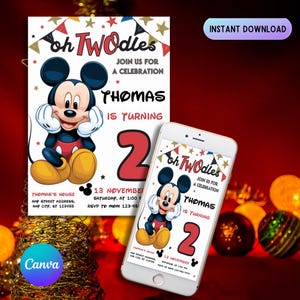 Convite de aniversário do Mickey Mouse editável, convite de aniversário, convite de aniversário do Mickey Mouse, convite de aniversário digital, editável no Canva Birthday