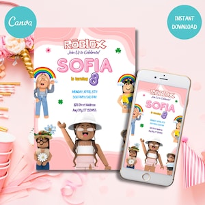 Invito di compleanno rosa Roblox, invito per festa a tema Roblox per ragazze, invito digitale Roblox, invito per ragazze gamer, facile da modificare su Canva, download