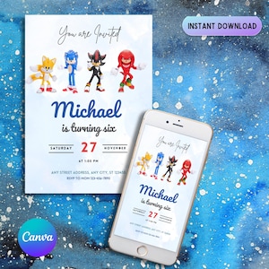 Faire-part d'anniversaire sonique modifiable, Evite de fête numérique, invitation de fête d'enfants personnalisée, modèle d'anniversaire de garçons et filles, Canva Evite à télécharger