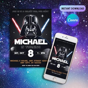 Invito di compleanno modificabile a tema Star Wars, invito stampabile per feste per bambini, invito a tema Star Wars, invito a tema Wars, invito per festa di compleanno di Darth Vader