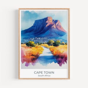 Cape Town Travel Poster | Table Mountain Art | Sunset Ocean Landscape & Scenic Cliff Print | South Africa Travel Decor for Home