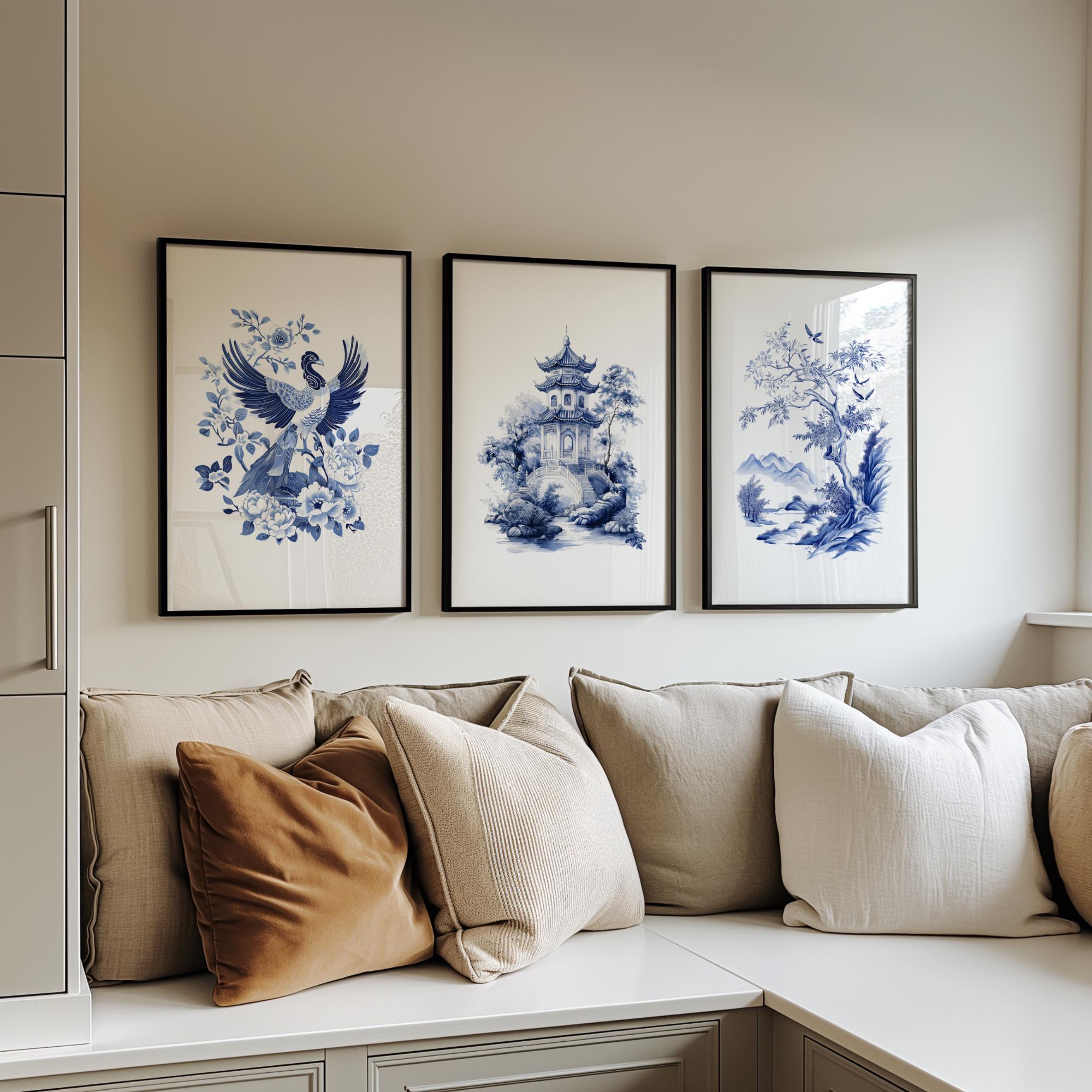 KSDUT Wandkunst-Set Mit Blauen Blumen – 4 Ungerahmte Poster Im Chinoiserie-Stil (20,3 X 25,4 Cm) Für Schlafzimmer, Wohnzimmer Oder Büro