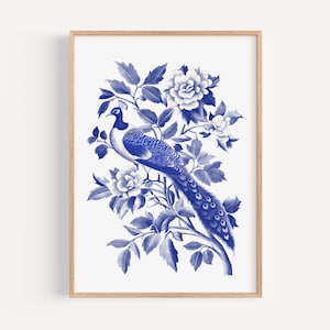 Chinoiserie Bird Art Print | Botanical Flower | Blue and White Decor | Indigo Chinoiserie | Home Gift For Her | Chinoiserie Print