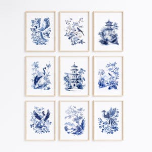 Blue Chinoiserie Art Prints | Set of 9 Posters | Asian Wall Art | Botanical Floral Prints | Chinoiserie Birds | Wall Decor Set