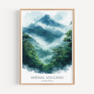 Arenal Volcano Travel Poster | Watercolor Costa Rica Wall Art | Misty Mountain & Rainforest Decor | Tropical Travel Print