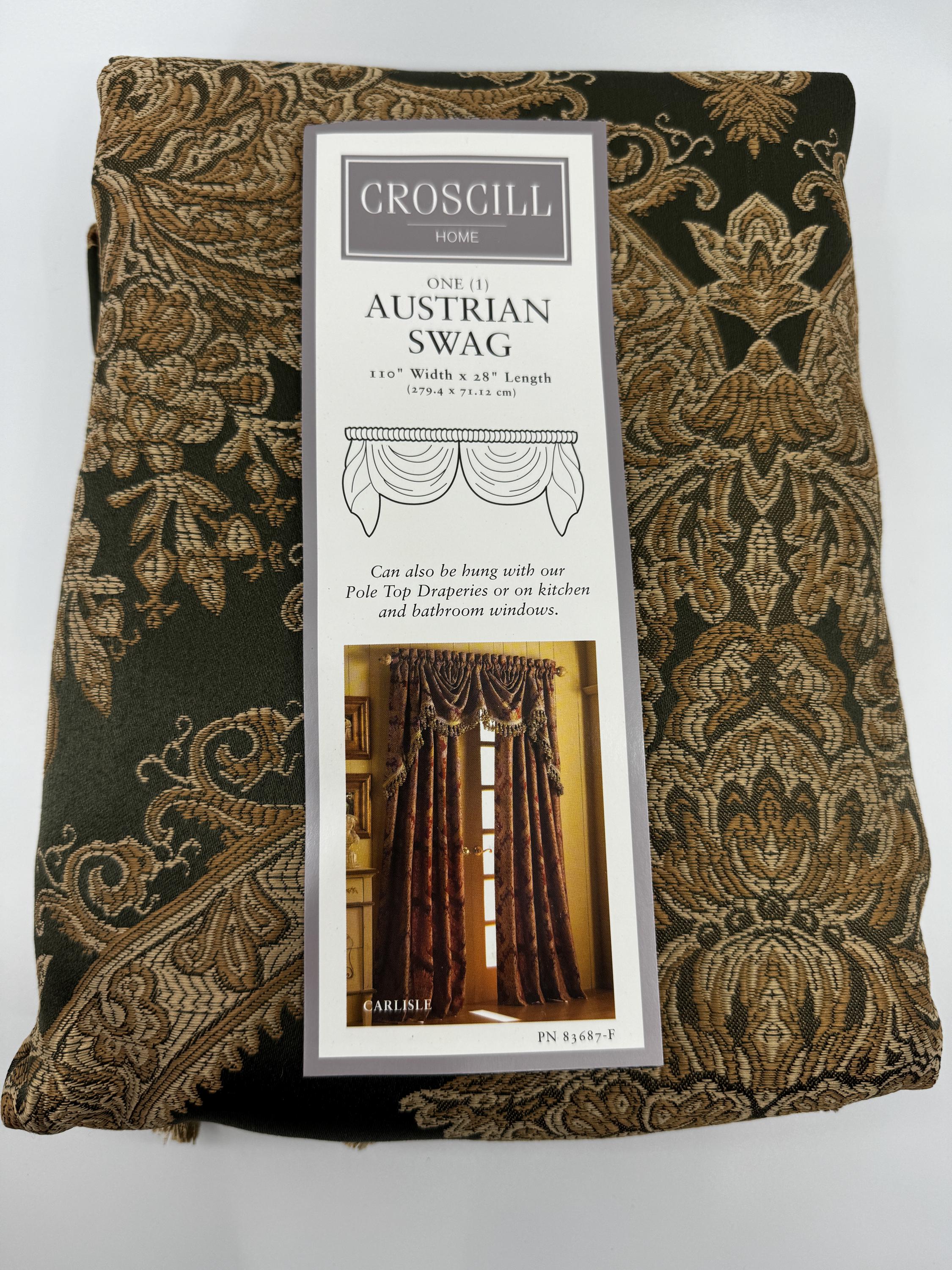 Vintage Croscill Carlisle Austrian Valance Swag for Windows in Spruce Green and Gold Color Pattern NWT, 110" Width x 28" Length