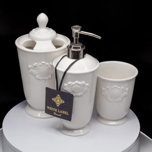 Vintage RARE Croscill White Label Monogram Bathroom Set (Soap/Lotion Pump, Toothbrush Holder, Tumbler), NWT