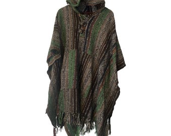 100% Cotton Green Poncho - Earthy Roots - Unisex  High Quality Poncho Handmade in Nepal - with Hood and Tassels