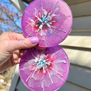 Purple Flower Coasters 2 pc- magenta Circular Coasters- Bloom Resin - Contemporary Home Decor- Elegant Home-  pink decor- Floral Design