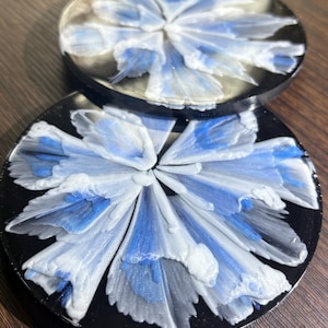 Blue & Black Coasters 2 pc-  Circular Coasters- Bloom Resin - Contemporary Home Decor- Elegant Home-  Black Coaster- round Coaster Set