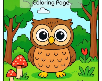 Peut inclure: Une page de coloriage pour enfants intitulée "Baby Owl Coloring Page" présente un hibou de dessin animé dans un cadre forestier. Le hibou est brun et orange, avec un bec et des pieds jaunes. L'arrière-plan comprend des arbres, de l'herbe, des champignons et des fleurs rouges.