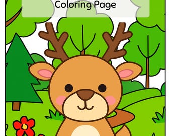 Peut inclure: Une page de coloriage avec un faon de dessin animé avec des bois bruns, assis dans une scène de forêt verte avec des fleurs rouges. Le texte "Baby Deer Coloring Page" est affiché dans un rectangle blanc en haut.