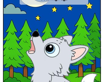 Peut inclure: Une page de coloriage numérique intitulée Howling Wolf Coloring Page représentant un louveteau gris de dessin animé hurlant à la lune croissante et aux étoiles jaunes dans un ciel nocturne bleu foncé au-dessus d'une forêt verte.