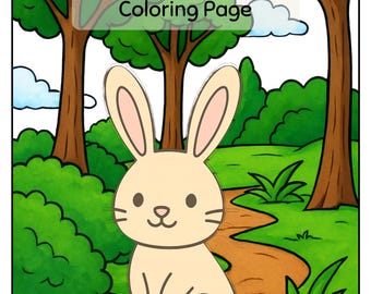 Peut inclure: Une page à colorier avec un lapin beige aux oreilles roses, assis sur un sentier dans un cadre forestier. Le texte "Bunny Coloring Page" est affiché en haut. L'arrière-plan comprend des arbres, des buissons et une fleur rouge.