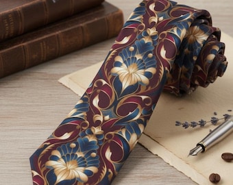 Floral Necktie for Men, Botanical Print Satin Tie