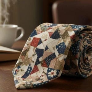 May include: A necktie featuring a patchwork-style geometric pattern in shades of navy blue, cream, tan, and muted red. The fabric displays a repeating design of triangles and squares, with small floral accents integrated into some of the sections.