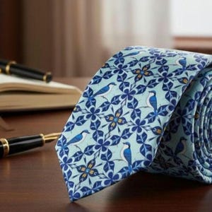 Pode incluir: Uma gravata azul-clara com um padrão repetitivo de pássaros azul-escuros e formas florais azul-escuras estilizadas com pequenos centros amarelos. O tecido tem uma textura lisa e está enrolado para exibir o detalhado design de aves e flores.