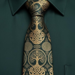 May include: A dark green necktie featuring a repeating gold pattern of a tree with intricate, interwoven roots and branches. The tie is worn over a solid dark green collared shirt, creating a cohesive look with the detailed metallic gold design.
