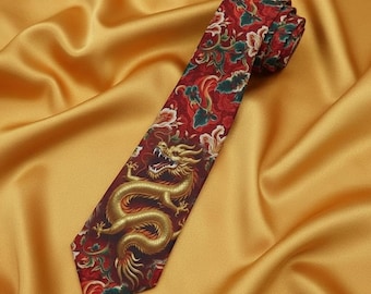 Cravate rouge fleurie en brocart dragon - Cravate tendance d'inspiration asiatique en simili soie