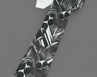 Silver on Black Abstract Design Necktie, Modern Artistic Necktie for Men, Elegant Formal Tie