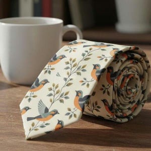 Op de afbeelding: Gerolde stropdas met een crèmekleurige achtergrond met een herhaald patroon van oranje, grijze en blauwe vogels met groene, bladerrijke takken. De stropdas is gemaakt van een gladde stof en is gedeeltelijk opgerold.