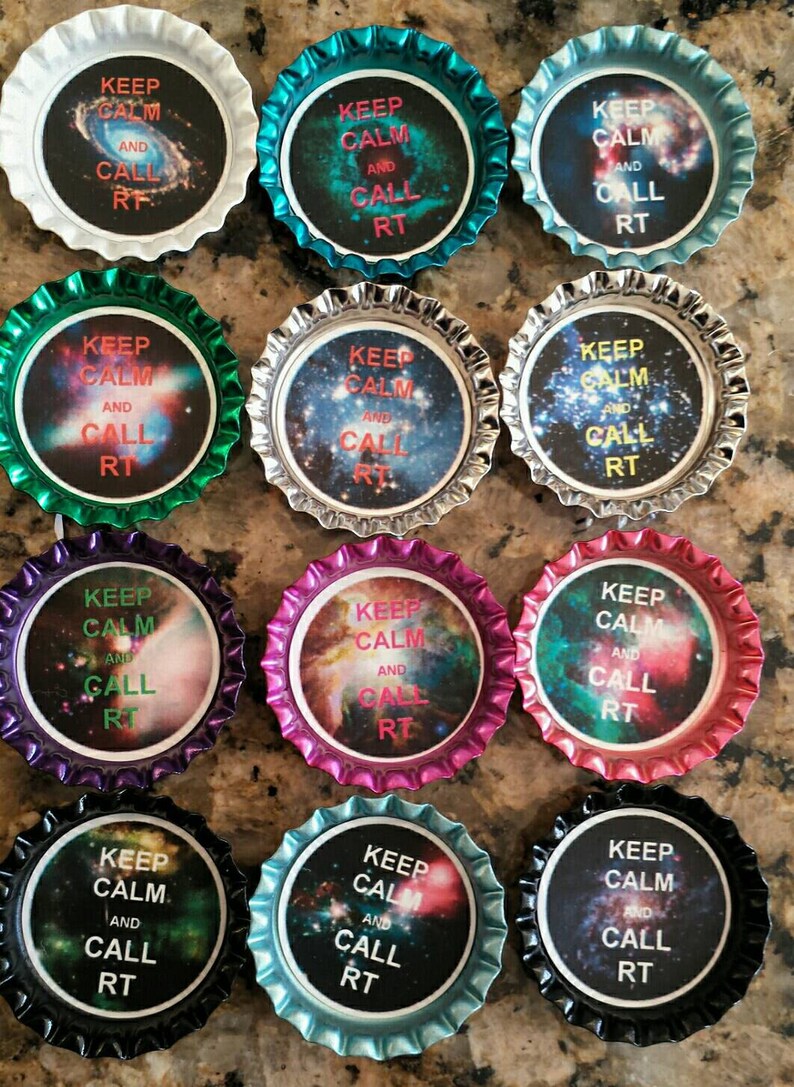 May include: Twelve bottle caps with a galaxy background and the text "Keep Calm and Call RT" in pink and green lettering.