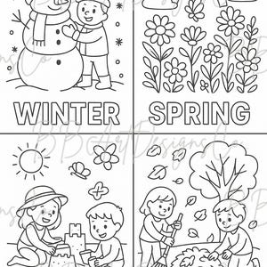 May include: Black and white line art illustration of the four seasons. Winter shows a snowman and children, Spring has a rainbow and flowers, Summer depicts children at the beach, and Fall shows children raking leaves. The seasons are labeled.