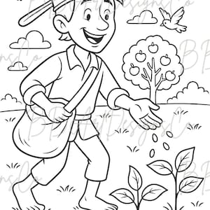May include: Black and white illustration of a person sowing seeds in a field. The person is wearing a hat and carrying a bag. A tree with apples and birds are in the background.