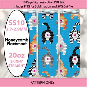 Puede incluir: Un patrón de descarga digital para un vaso skinny recto de 20 onzas con un diseño de colocación en panal de frentes de gato en varios colores. El patrón está disponible en formatos PDF, PNG y SVG. El patrón es para archivos de sublimación y corte. El patrón es para un tamaño de cuentas de 2,7-2,9 mm.