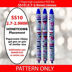 May include: Three pens decorated with colourful stones, with blue tips. The pens feature pink, purple, and silver stones. Text on the image reads "SS10 (2.7-2.9mm) stones" and "PATTERN ONLY".